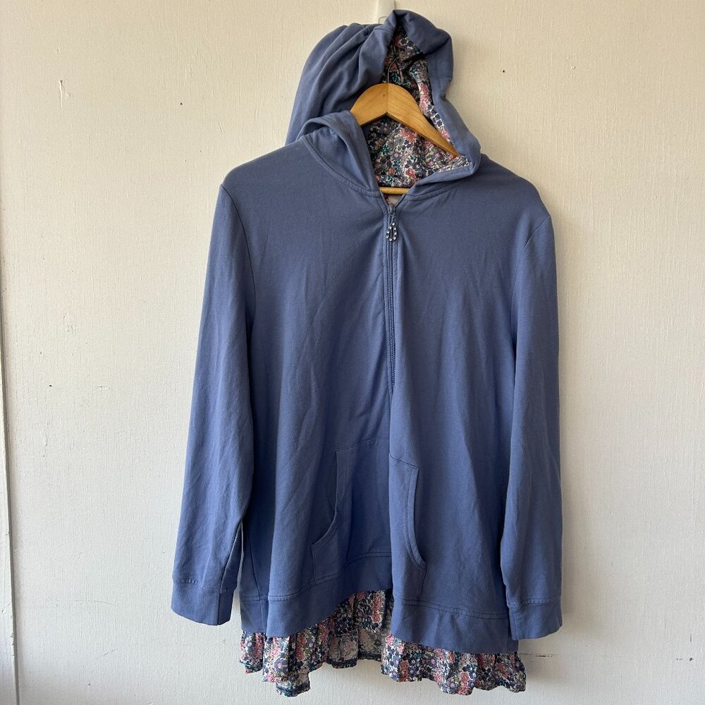 Quacker Factory Zip Up Hoodie Womens XL Blue Pockets Floral Hem Cozy Cottagecore